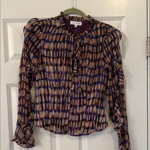 Lost + Wander Multicolor Brushstroke Ruffle Tie-Neck Blouse. Light and airy.